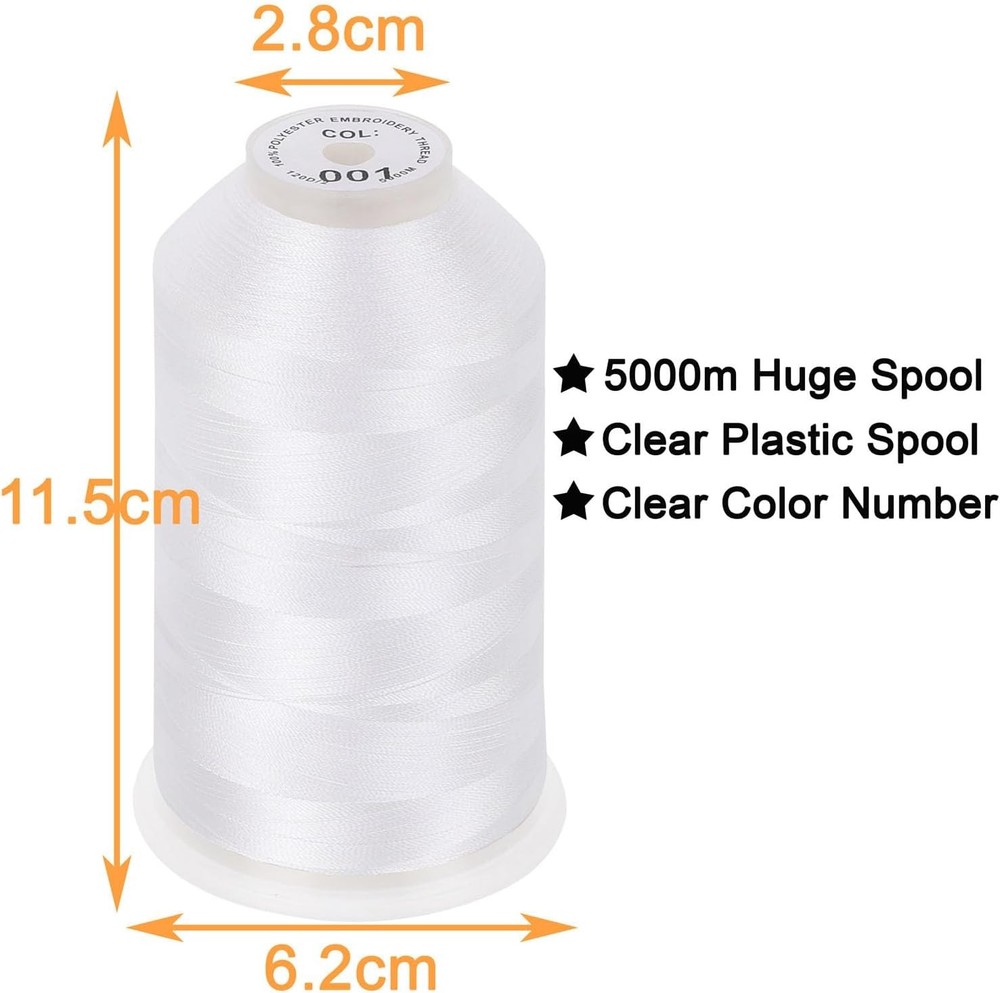 5000M Embroidery Thread White Polyester 40WT 2 Huge Spools for Sewing Machine