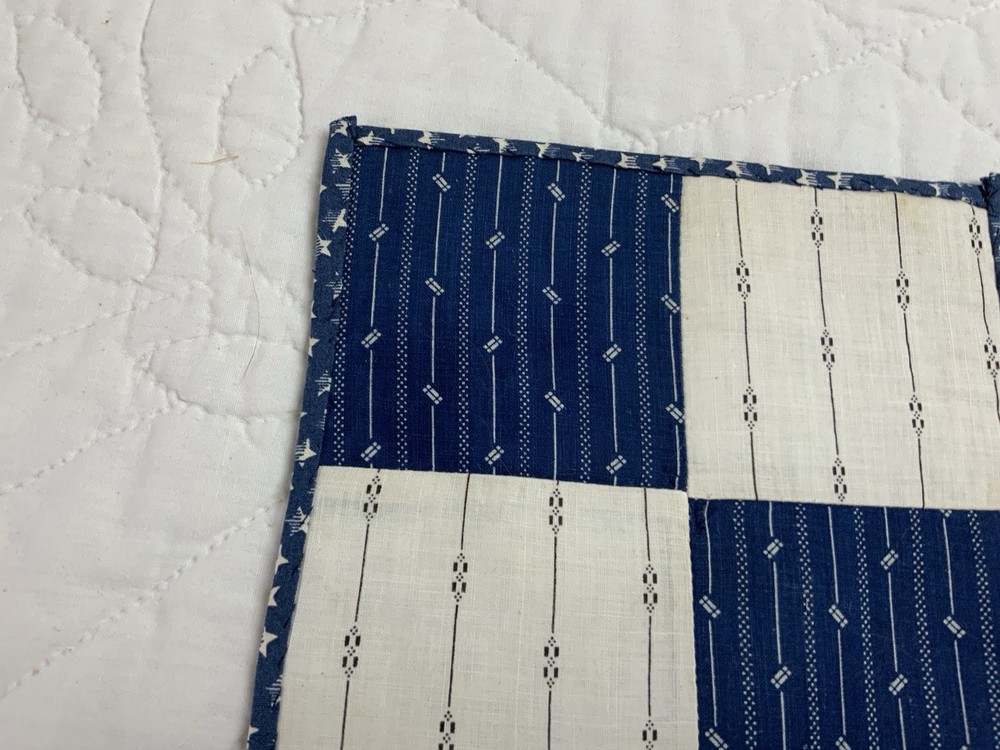 Antique Patchwork Quilt Table Topper, Square, Four Patch, Early Calicos, Blue