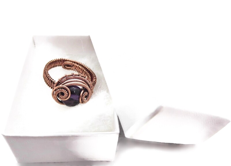 Adjustable Amethyst Wire-Wrapped Ring in Copper