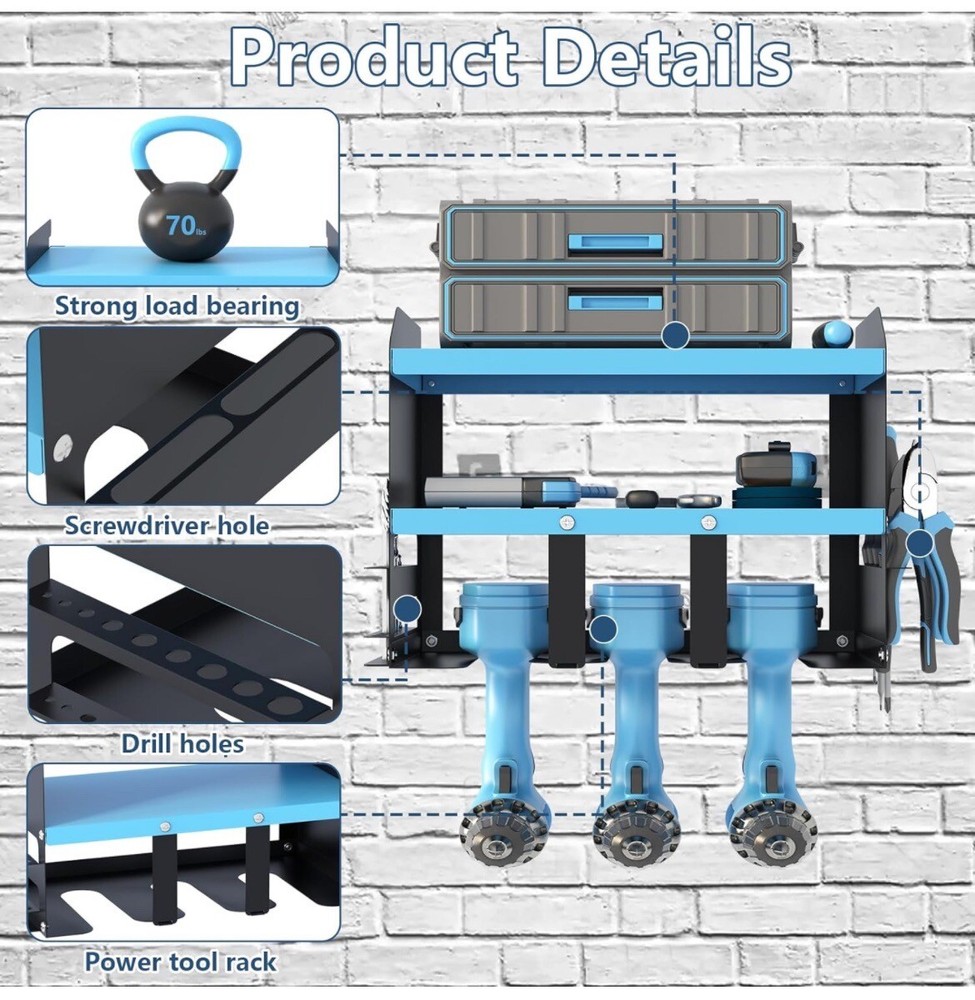 Tool Shelf Organizer 3 Tier Metal Racks 3 Drill Holder