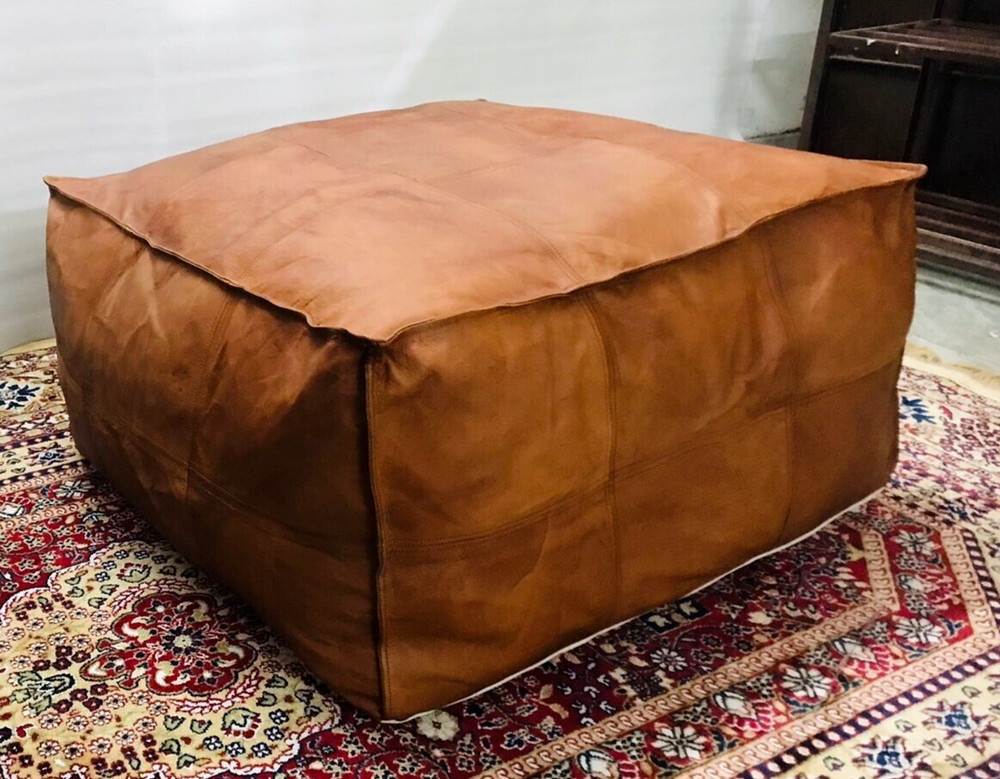 Authentic Moroccan Leather Pouf Handcrafted Boho Ottoman Genuine Leather Unstuff