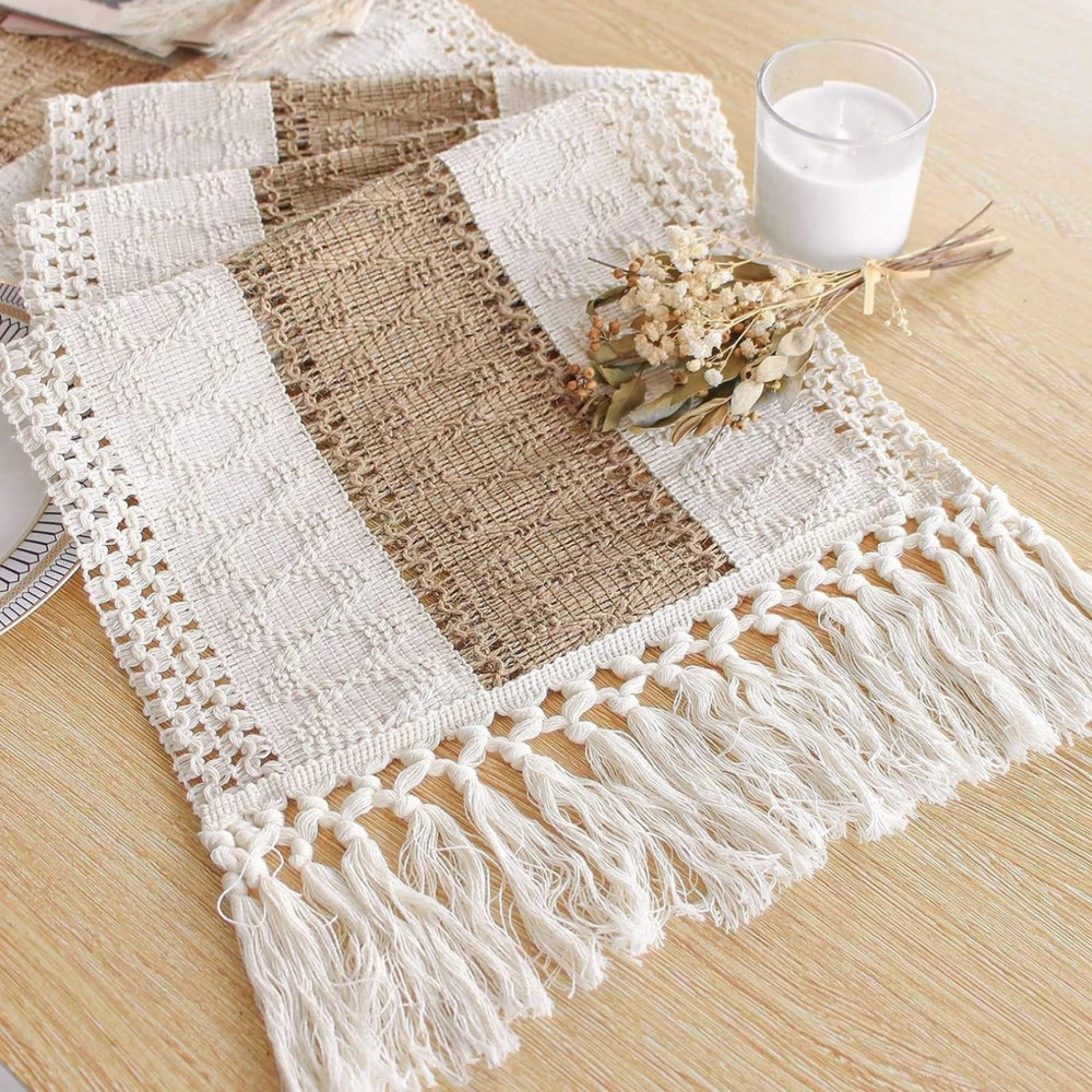 Boho Table Runner With Tassels Cream & Brown Macrame Woven Table Runner Mat