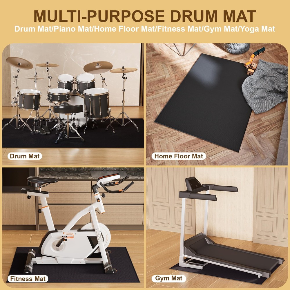 Drum Rug 3.9x5.2Ft, Mat with Non-Slip 3'11" x 5'3" (Rectangular), Black