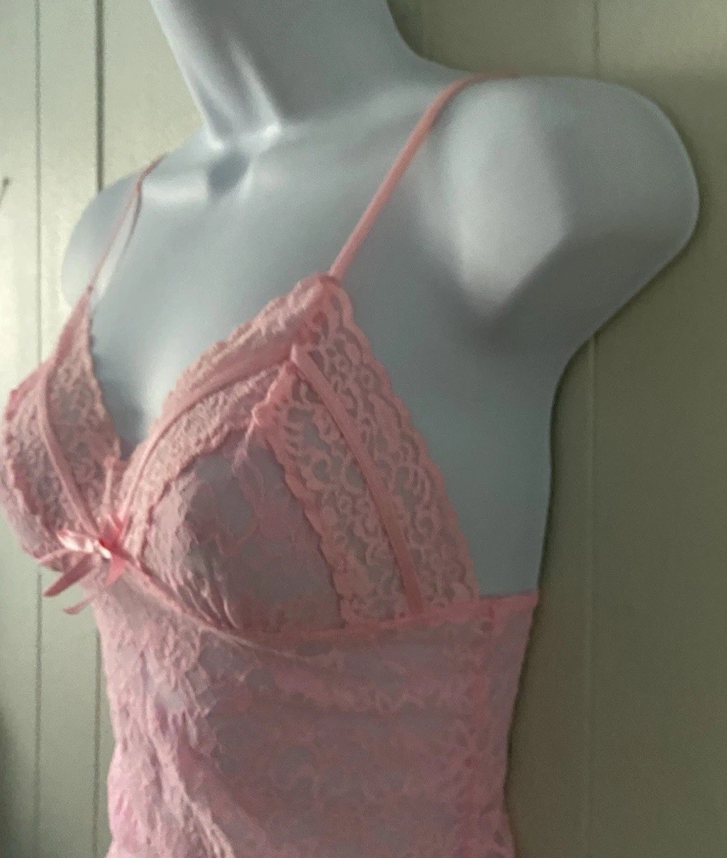 Victoria's Secret Lace Slip Dress Sz XS? Light Pink Sheer Ruffle Bow Lingerie
