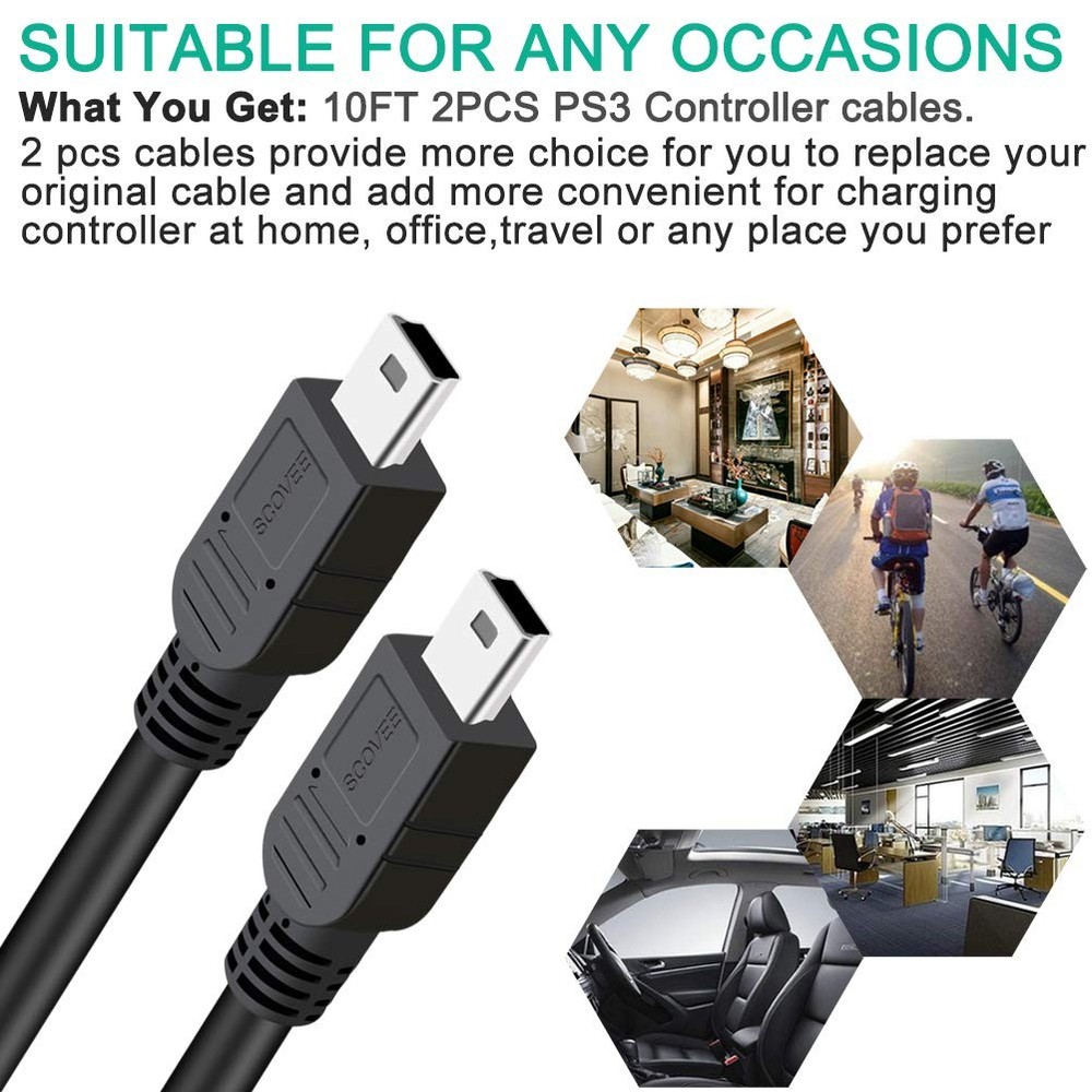 SCOVEE PS3 Controller Charger Cord, 2 Pack 10ft Cable 10ft, Black