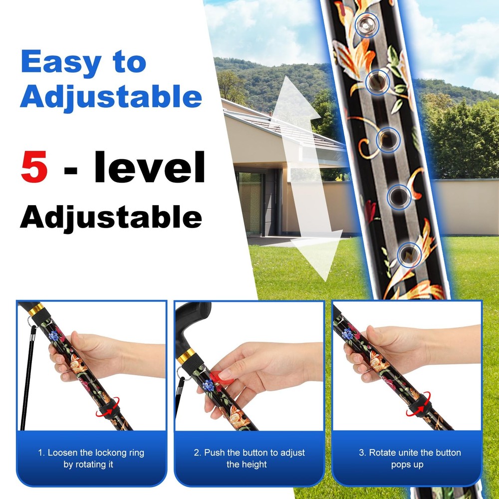 Folding Cane, 5-Level Adjustable Height Walking Stick Lightweight Wrist Straps