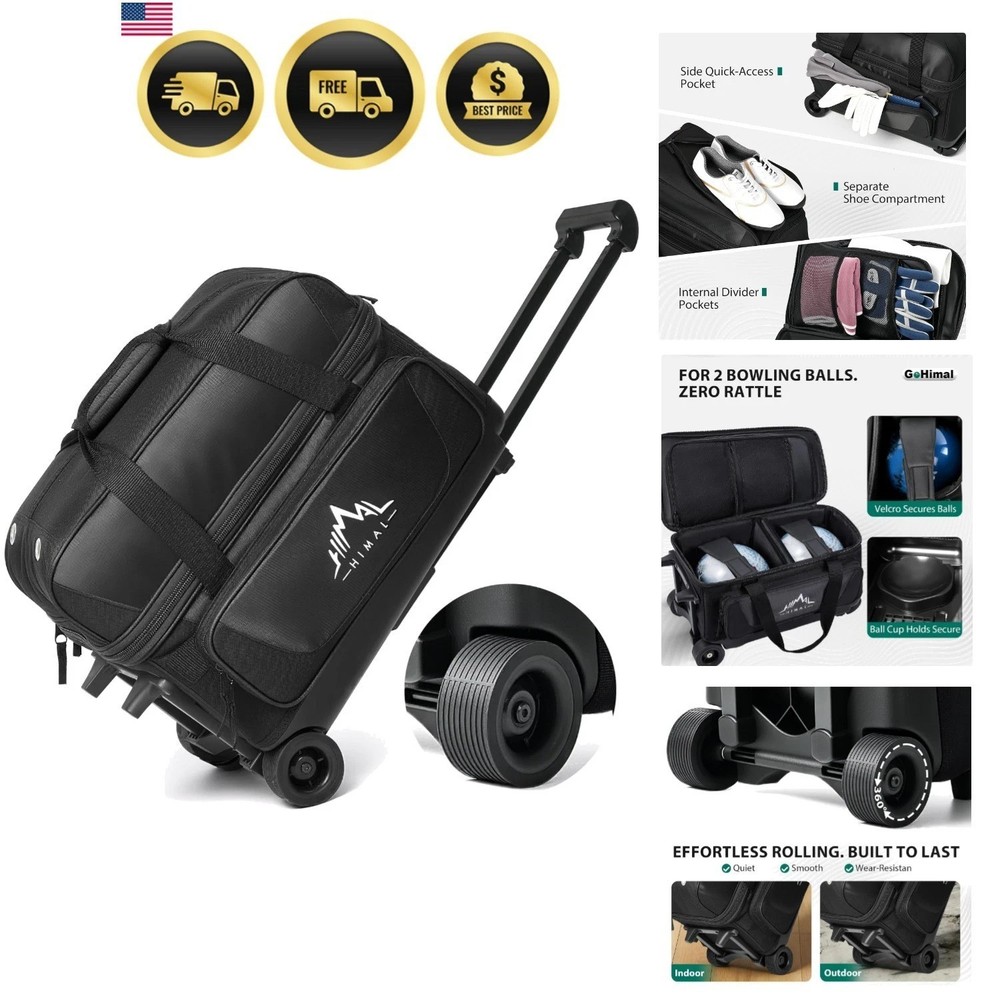 Double Roller 2 Ball Bowling Bag with Separate Shoe Compartment for Bowling S...