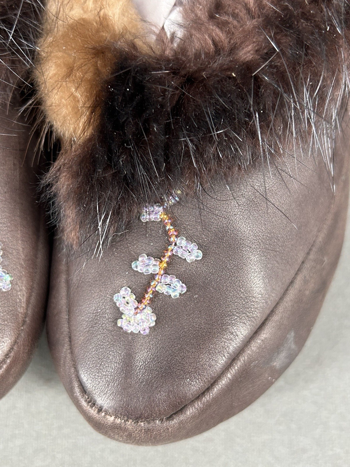 Chinook Leather Beaded Moccasins Vintage Beaded Design with Fur Accents