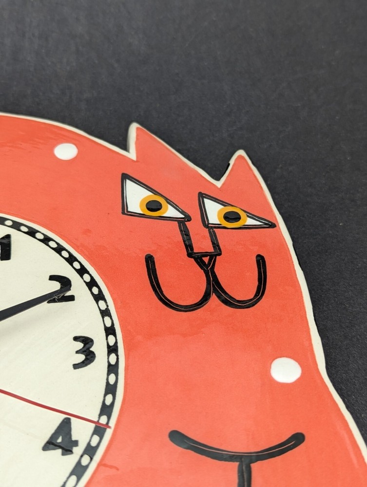 Alison Palmer Signed Smiling Cat Wall Clock Pottery Ceramic Orange
