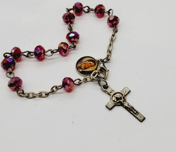 Hand Rosary Prayer Beads For Car Red Crystal Silver tone