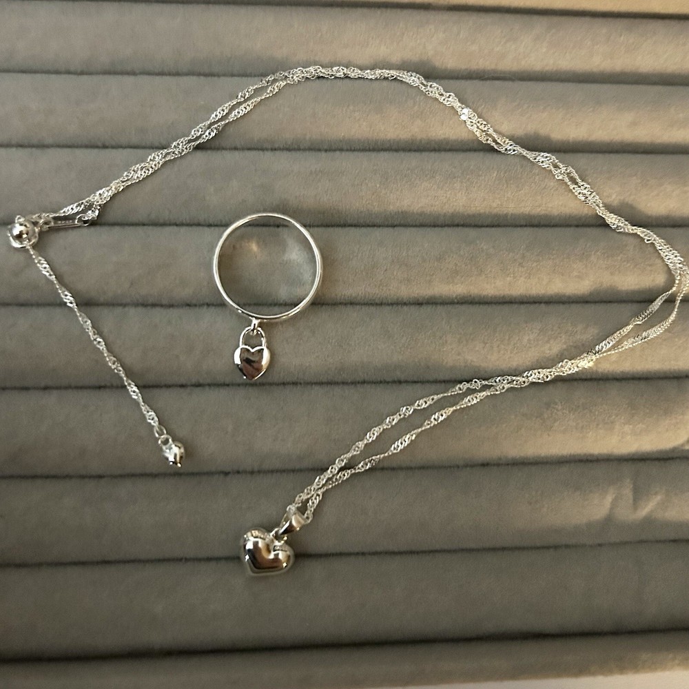 Dangle Heart Ring SIZE 6 & Matching Necklace 925 Solid Sterling Silver Gift Set