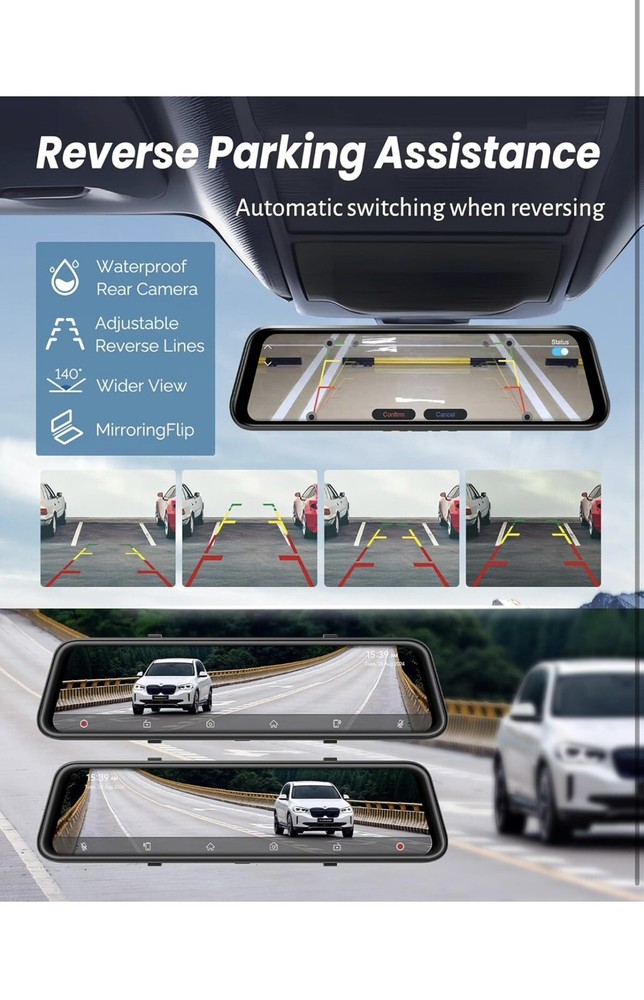 4K Rear View Mirror Camera with Carplay&Android Auto,12" Mirror Dash Cam Fron...