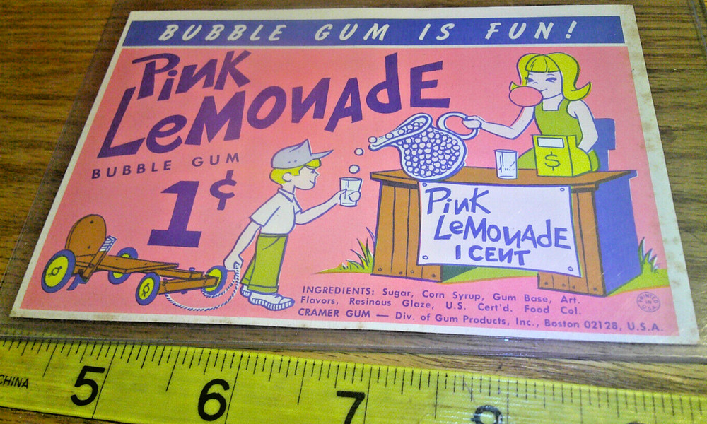 Vintage vending machine display card 1 cent Pink Lemonade Bubble Gum