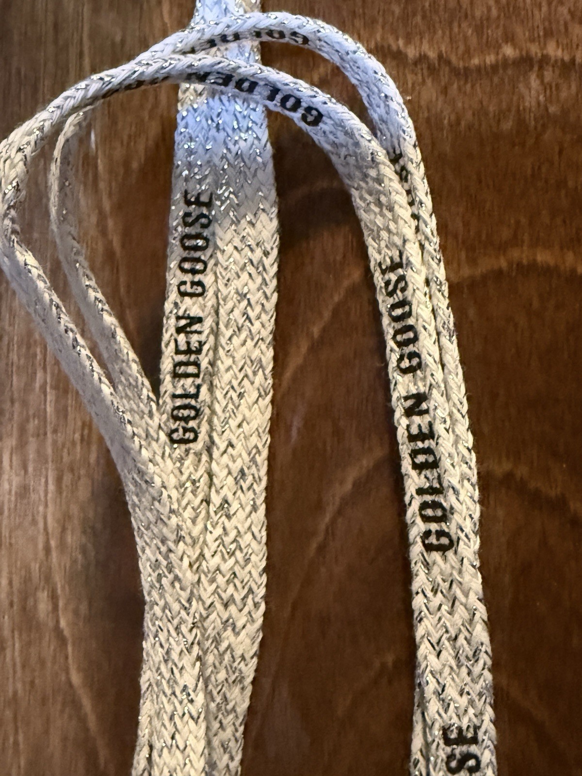 $95 Golden Goose Silver Lurex Laces with Contrasting Black Logo