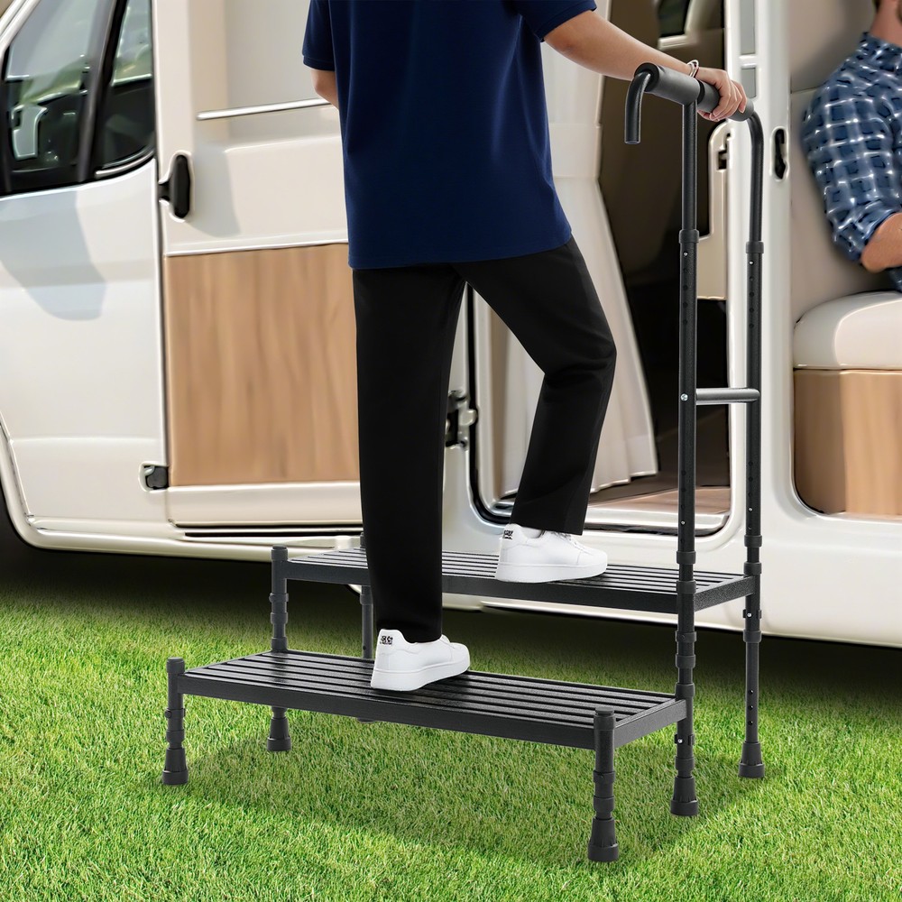 2-Step Stool with Handle, Black Floor Standing Metal Stepping Stool New