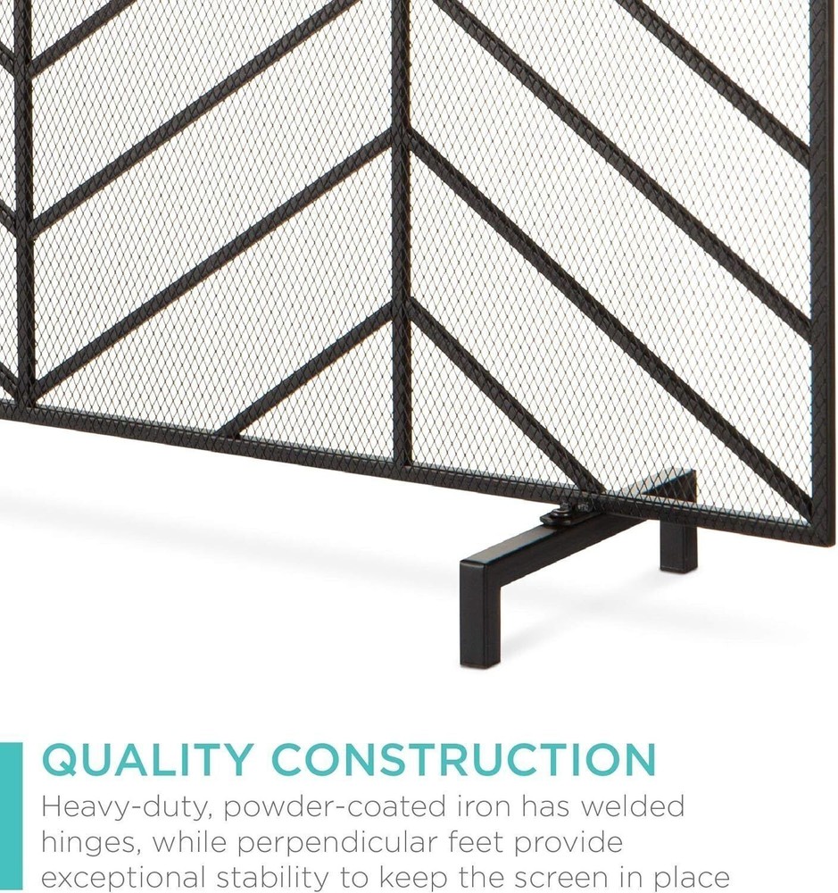 Handcrafted 38in Black Wrought Iron Single Panel Chevron Mesh Fireplace Screen