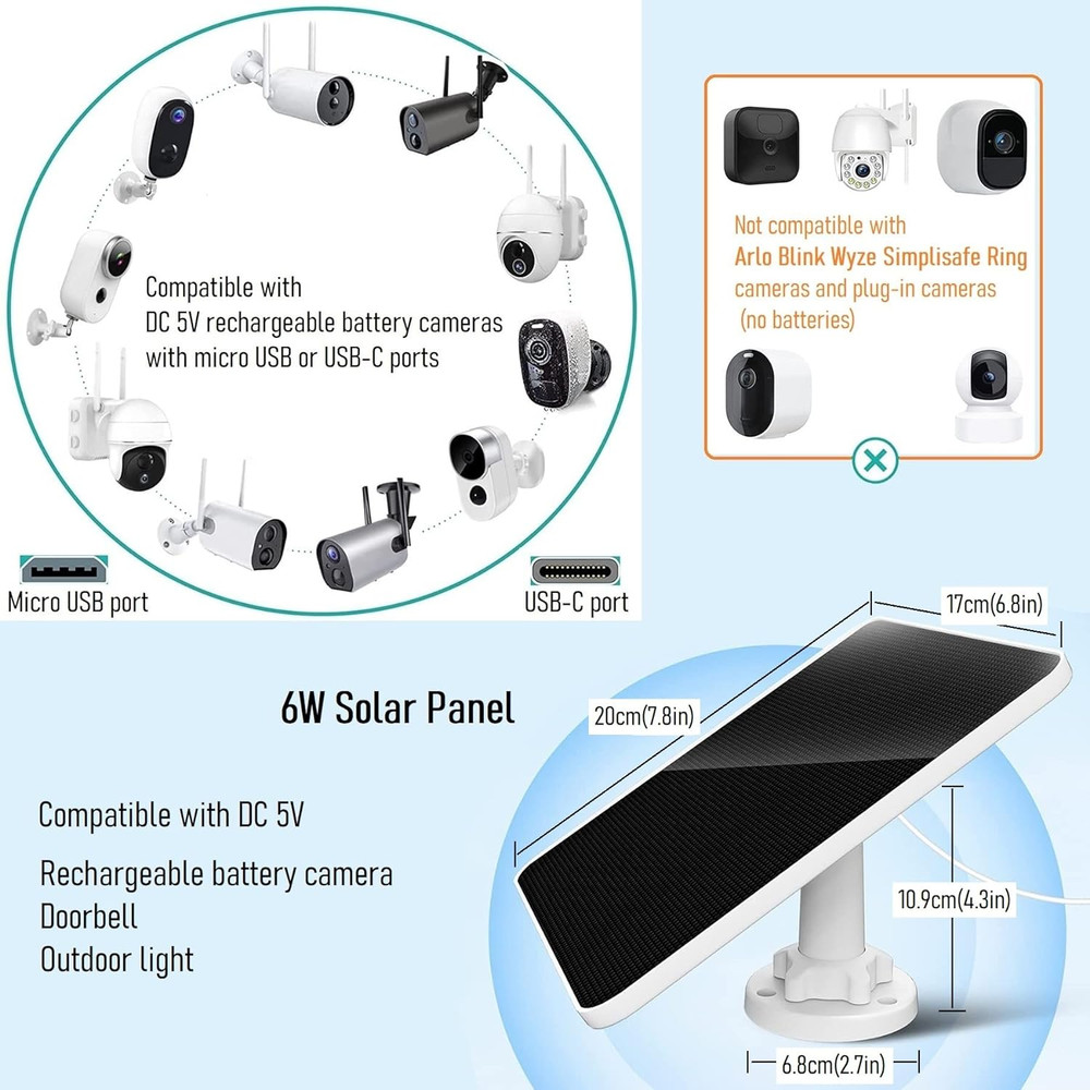 Solar Panel for Security Camera, 6W Solar Panel Micro USB & USB-C for Outdoor Re
