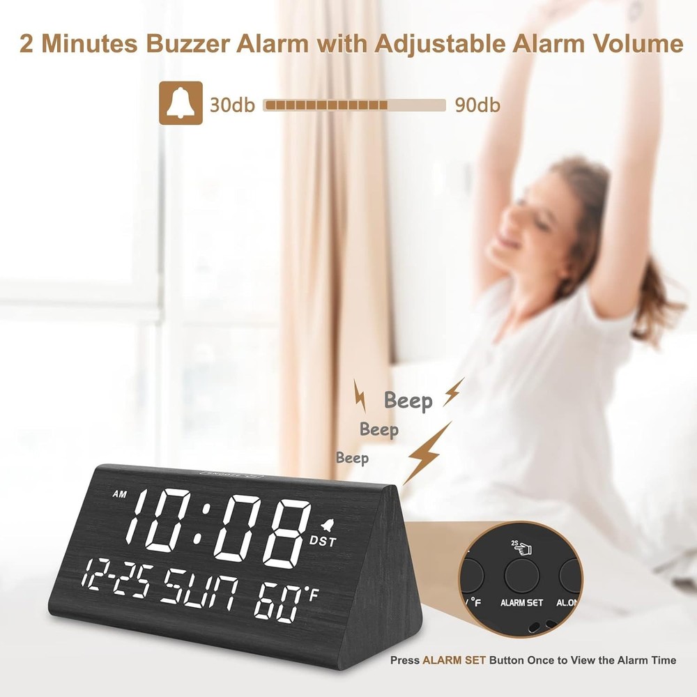 Versatile USB Wooden Alarm Clock with Adjustable Volume & Brightness Control