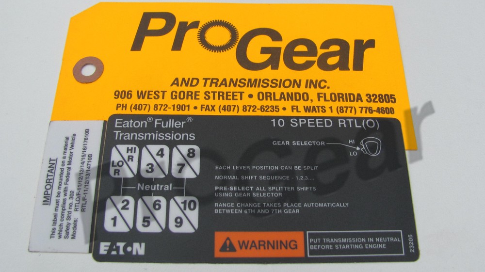 Eaton Fuller SUPER 10 Transmission Shift Pattern label 23205