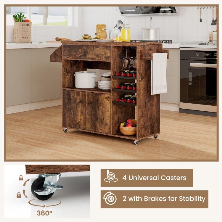 Multifunctional Drop-Leaf Kitchen Island Mobile Cart with 360° Rolling Casters