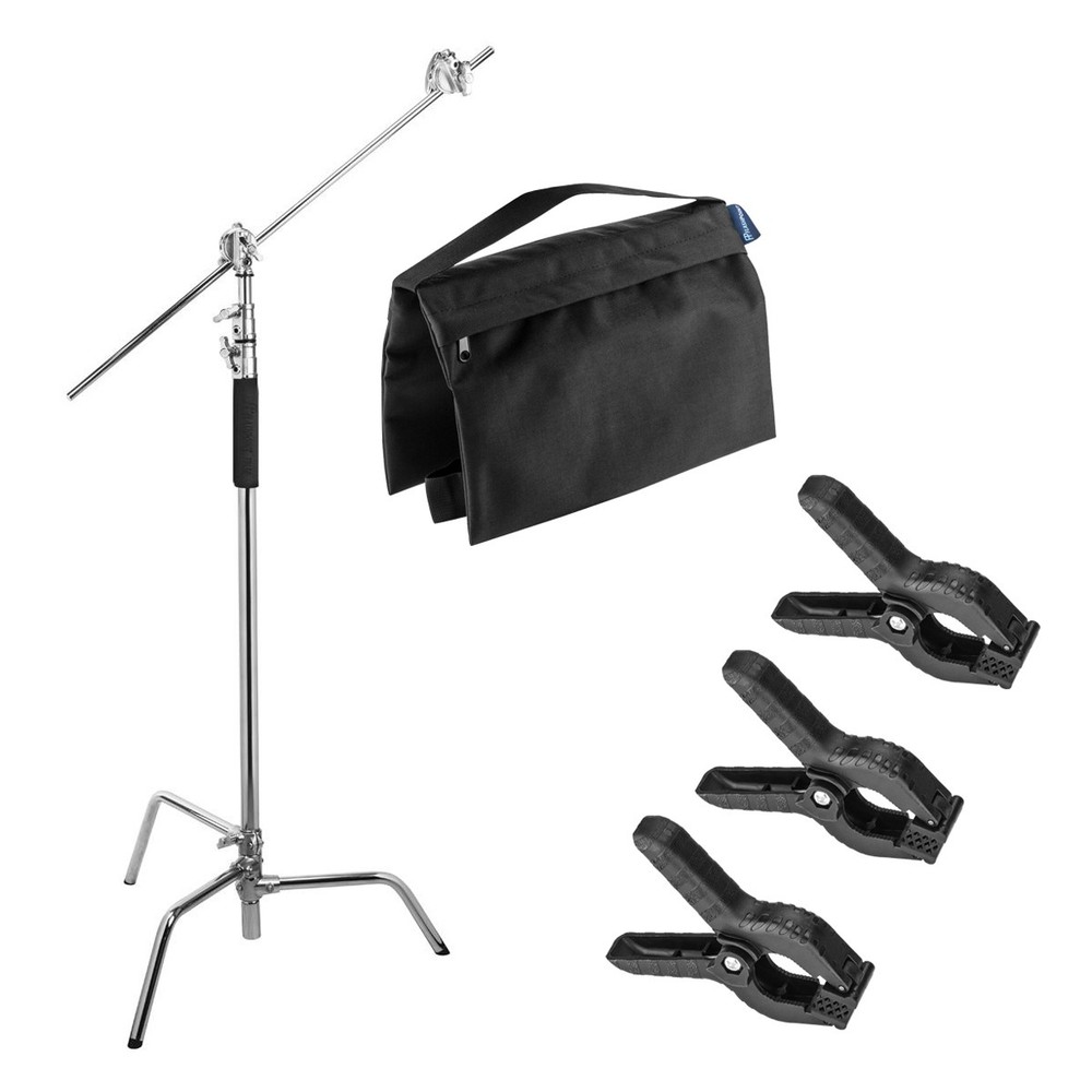 Flashpoint 10' C Light Stand on Turtle Base Kit, Chrome, Bundle with Spring Clam