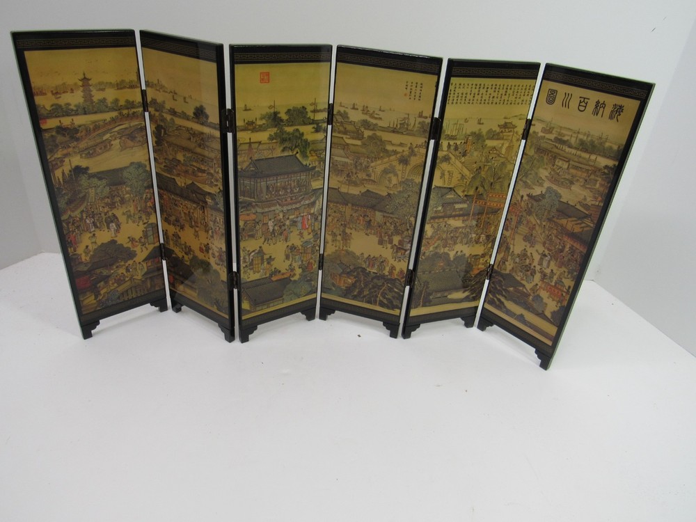 Yi Yuan Folding Table Divider Laquer 6-Panel Ancient Seaside View 2-Sided GUC