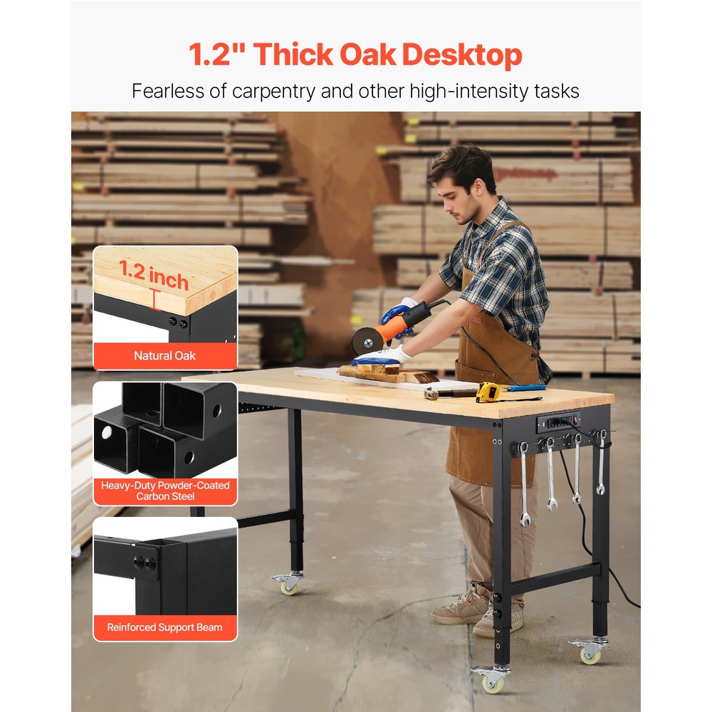 60" Workbench on Wheels Adjustable Height Table with Power Outlet & Pegboard
