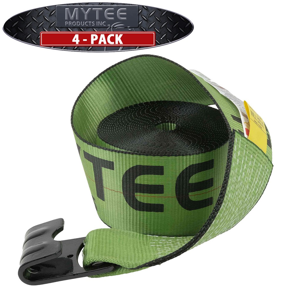 (4 Pack) 4" x 30' Winch Strap with Flat Hook - Green Flatbed Tie Down
