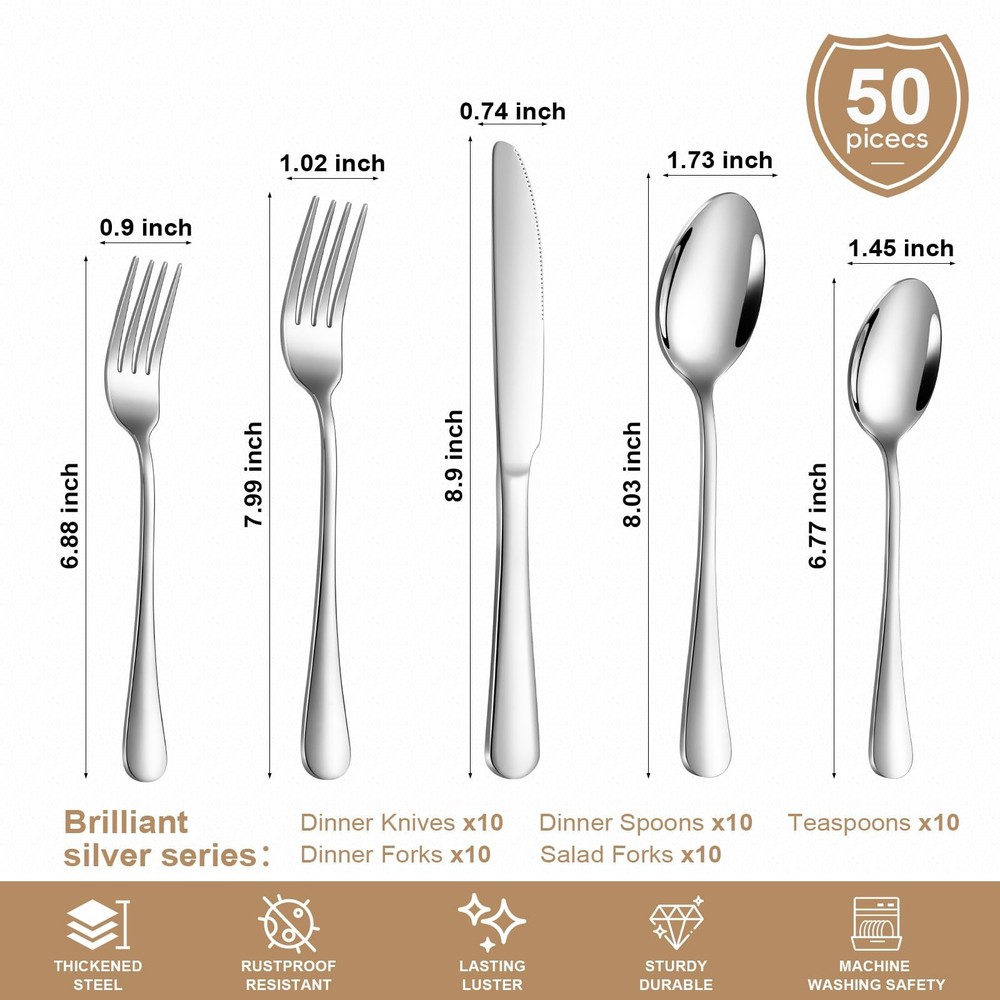 Silverware Set 50 Piece Stainless Steel Flatware Set Silverware Utensils for ...