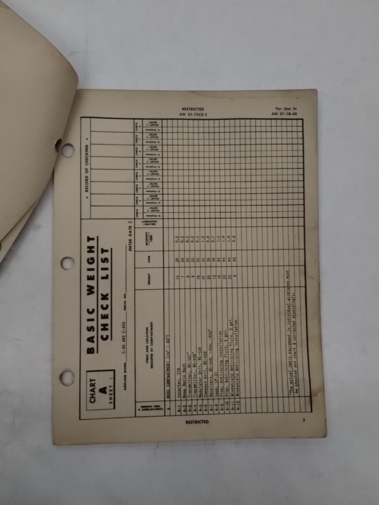 Lockheed C-60/C-60A/R50-4/5/6/ Lodestar II Basic Weight Checklist Loading Data