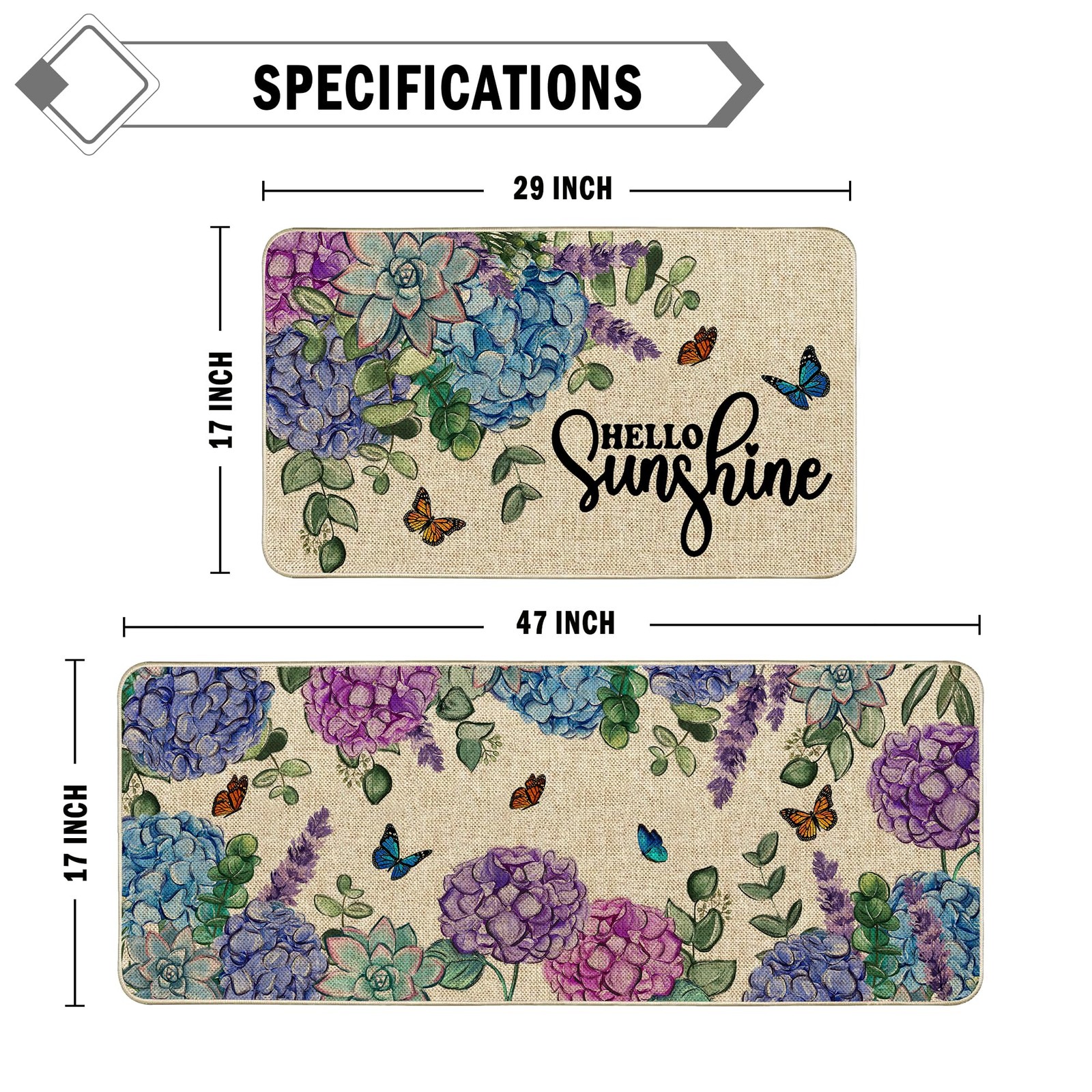 Best Spring Kitchen Rug and Mat Set of 2 Hydrangea Flowers Floor Non Slip Rubber