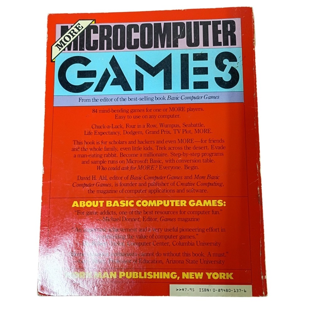 Rare Vtg 1979 More Basic Computer Games Book Ahl PC Programming Coding Arcarde