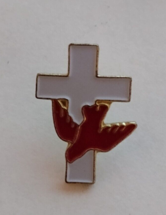 White Religious Cross Red Bird Lapel Pin