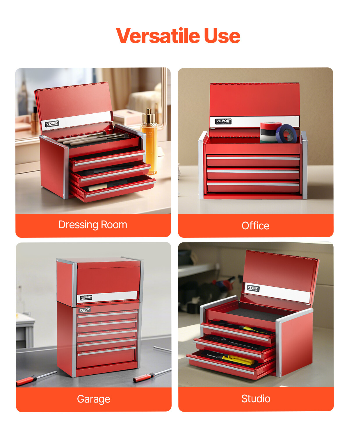 Tool Box 8.6-inch Portable Metal Tool Box 3 Drawers Tool Organizer Red