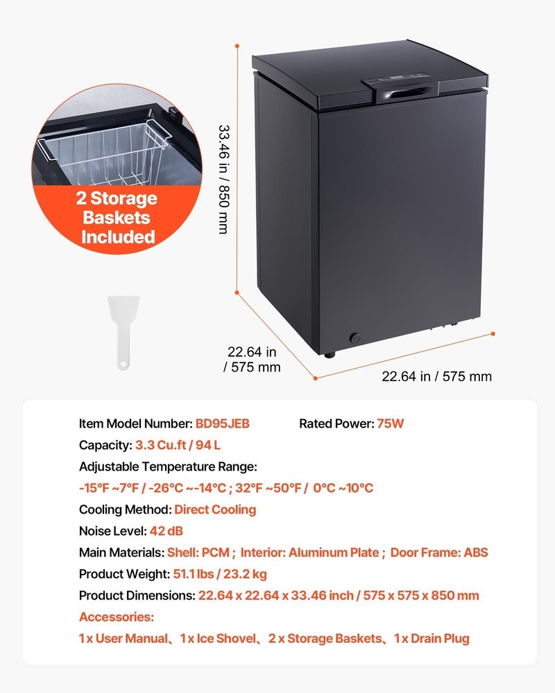Compact 3.3 Cu.ft Top-Open Chest Freezer: 2 Baskets, R600a Compressor, 42dB