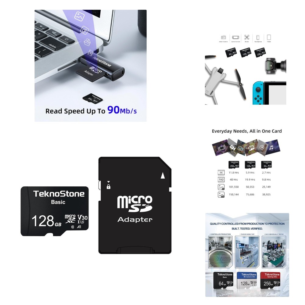 Basic 128GB MicroSDXC Flash Memory with Adapter 90MB/s Read 50MB/s Write UHS-...