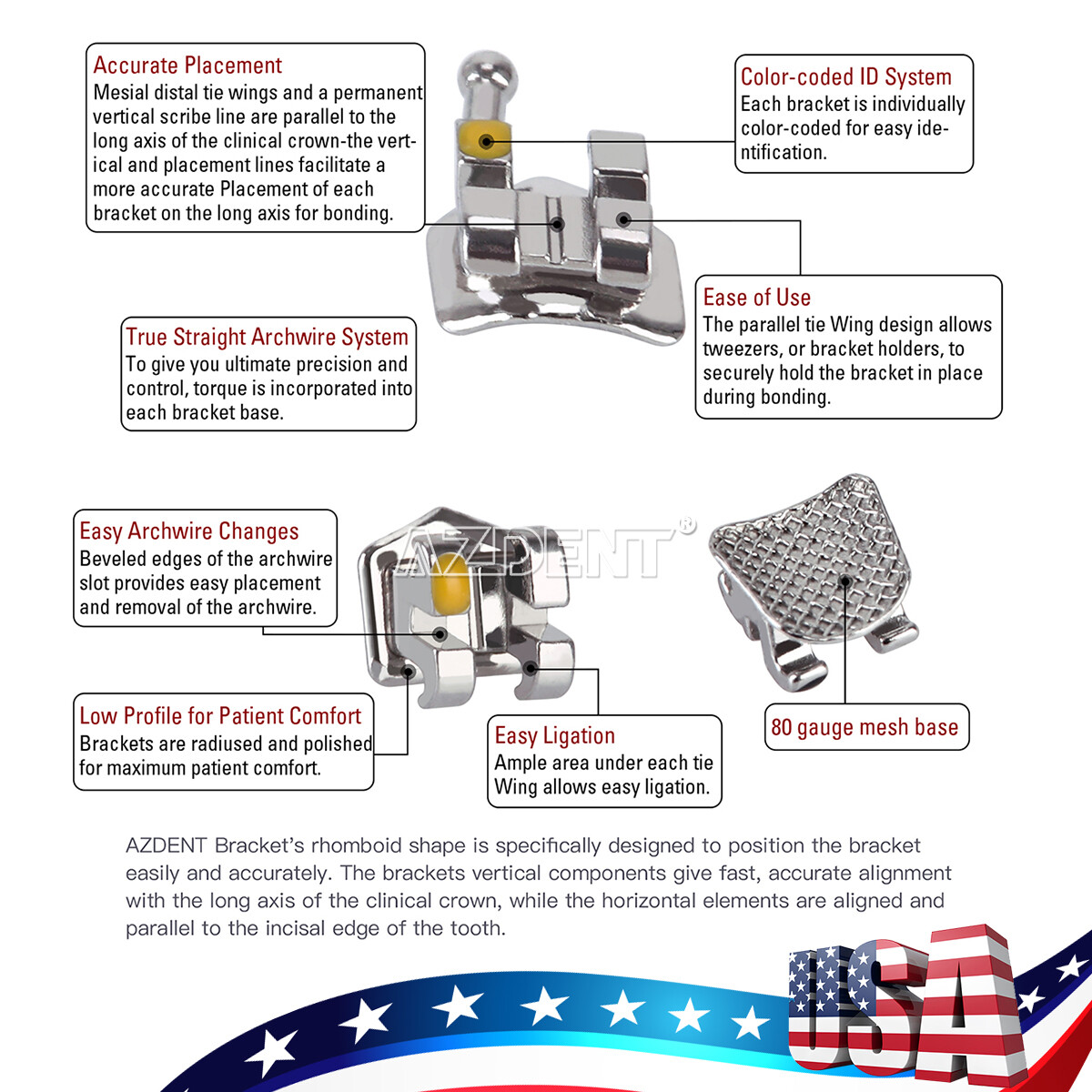 10X AZDENT Dental Ortho Brackets Mini/Standard MBT/Roth 022/018 Hooks 3 4 5