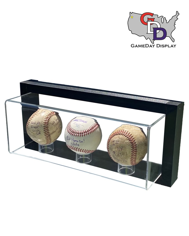 Framed Acrylic Wall Mount 3 Baseball Display Case UV Protecting Secure Mount