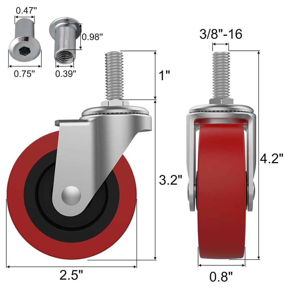 Durable 4 Pack Caster Wheels 2.5 Inch - Chrome & Polyurethane Finish