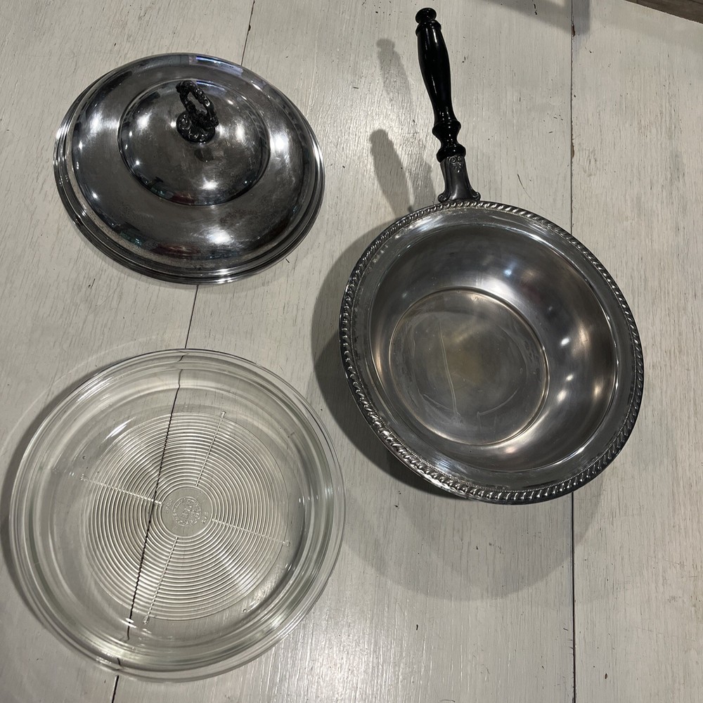 Silverplate Covered Serving Dish 3 Pc.~Pyrex Vintage Wood Handle~EUC~RARE￼