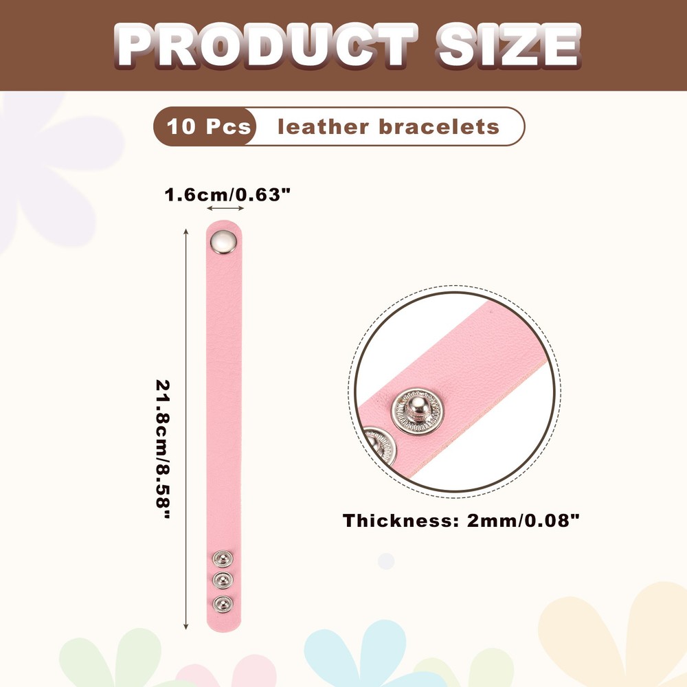 10 Pcs Plain Leather Bracelets Leather Snap Bracelets, Pink