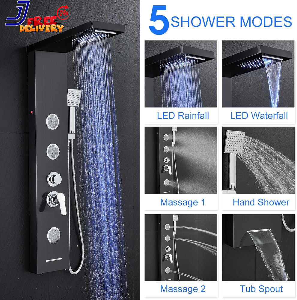 Multi-Function LED Lights Shower Panel System Black 5 in 1 Shower Panel NEW