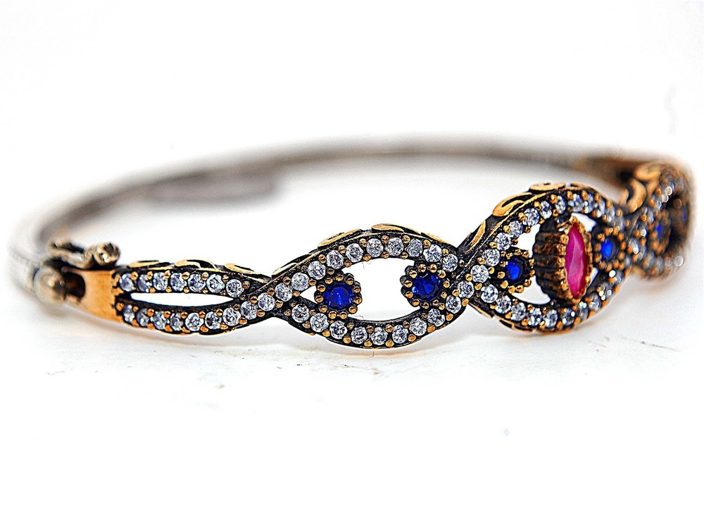Ottoman Empire Style 3CT Treated Ruby 925 Sterling Silver Bracelet