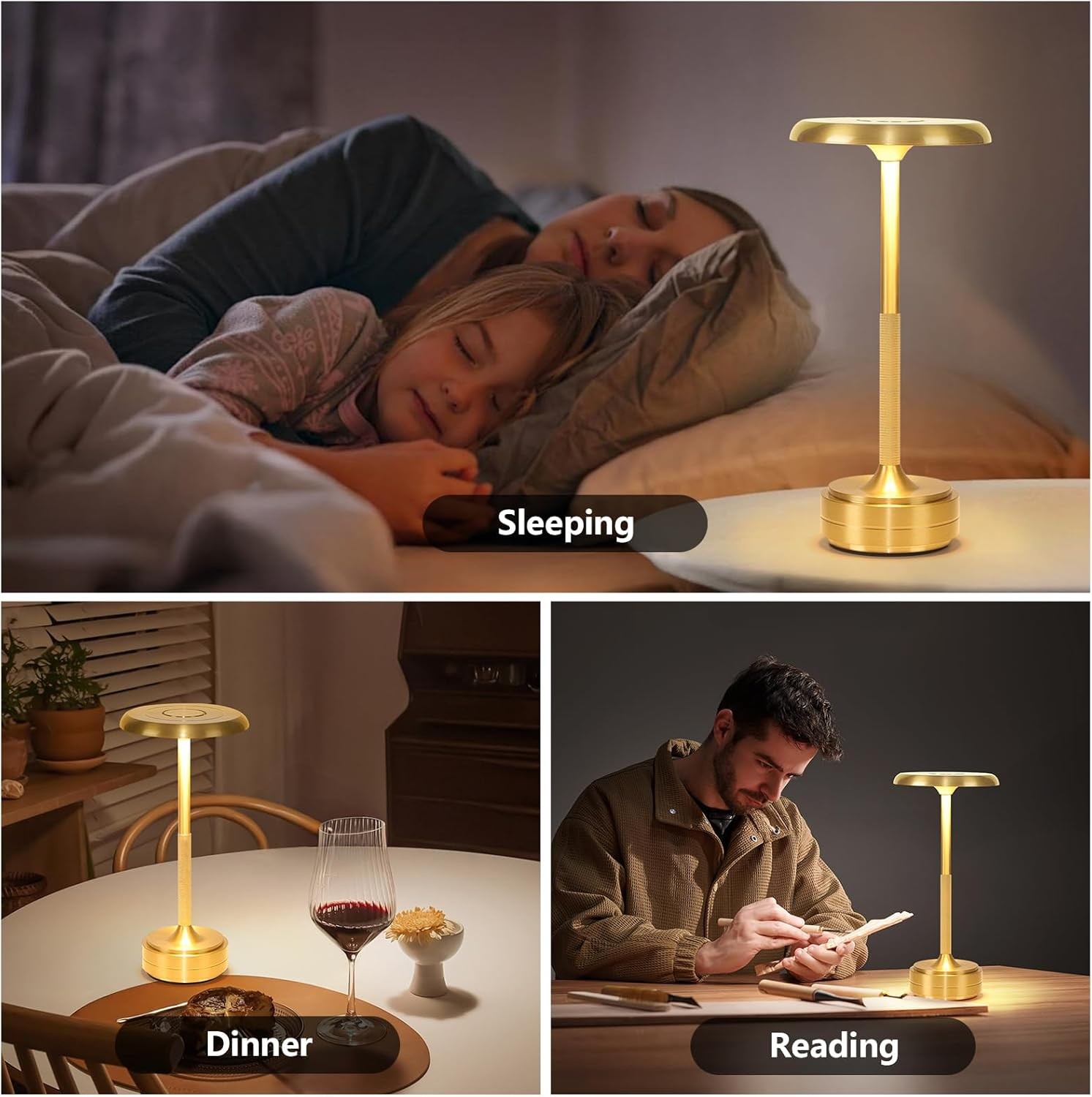 Cordless Table Lamp Dimmable 3-Color Dest Lamp Rechargeable LED Night Light