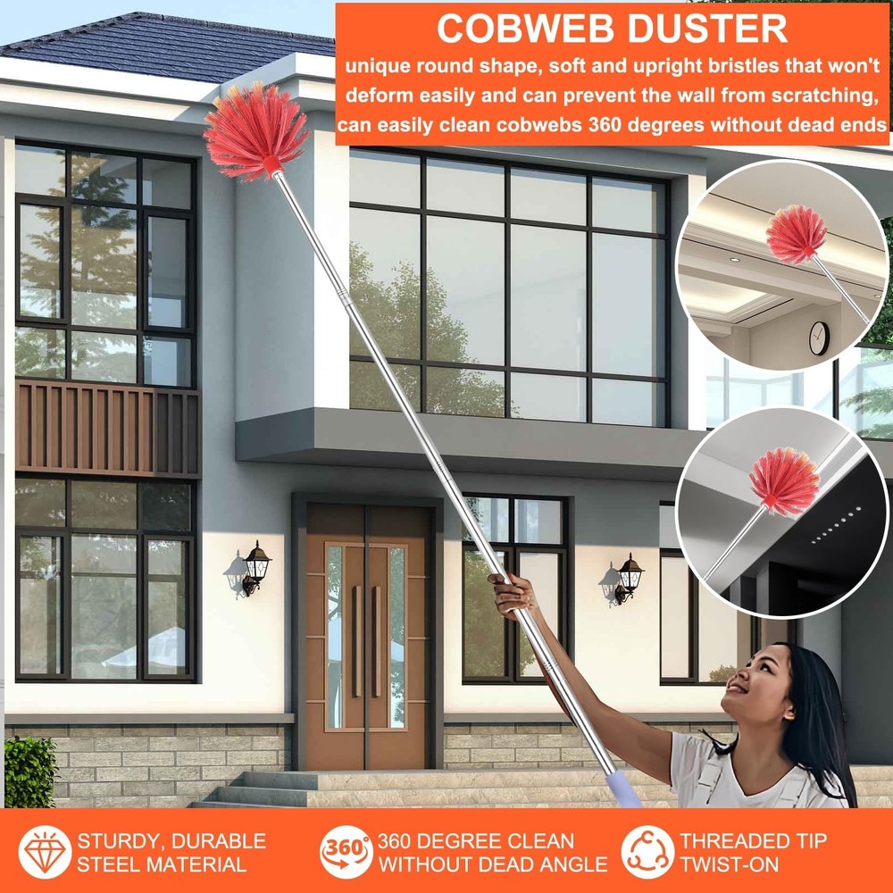 Cobweb Duster with Extension Pole, 59" Adjustable Stainless Steel Pole, Washa...