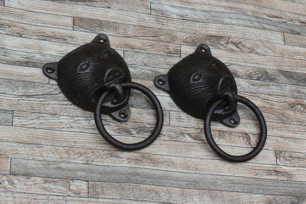 2p Vtg Cast Iron Panda Bear Door Gate Cabinet Cupboard Pull Drop Handle Knocker