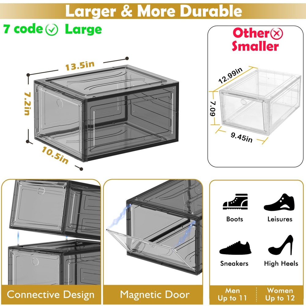 7 code Large Clear Shoe Boxes Organizer【Thicker Material】 9 pcs, Black
