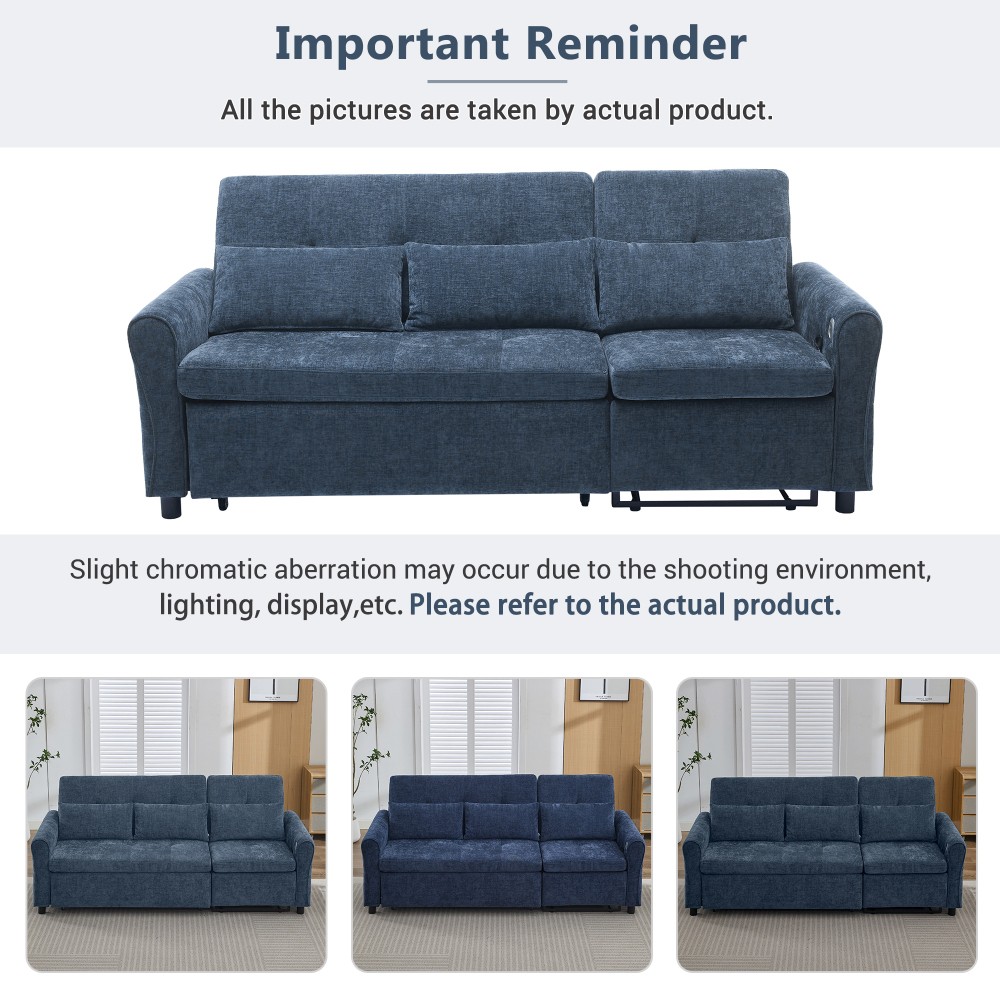 82" Blue Chenille Sofa Bed w/ Reversible Recliner, Adjustable Backrest, USB