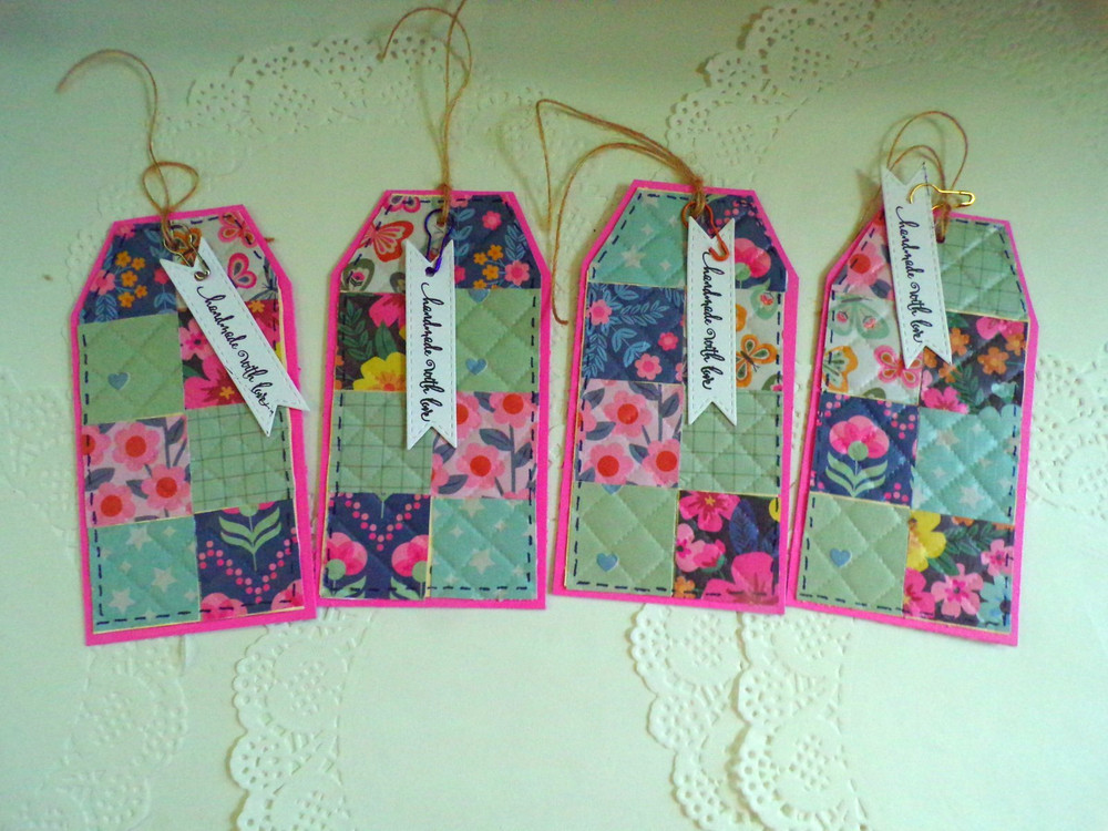 Handmade paper pieced quilt tags