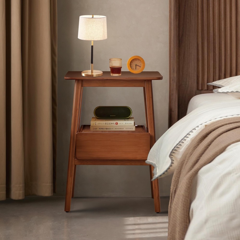 Fluted Nightstand with Drawer – Tall Solid Bamboo Bedside Table with Open She...